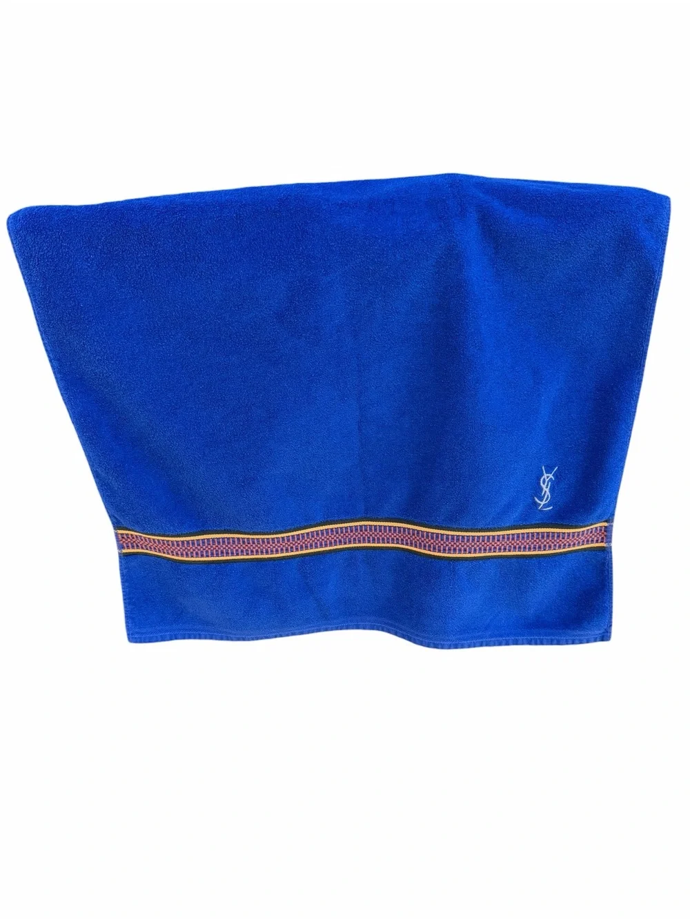 VTG Yves Saint Laurent YSL Bath Towel Bright Blue Embroidered Edge 25x41 France